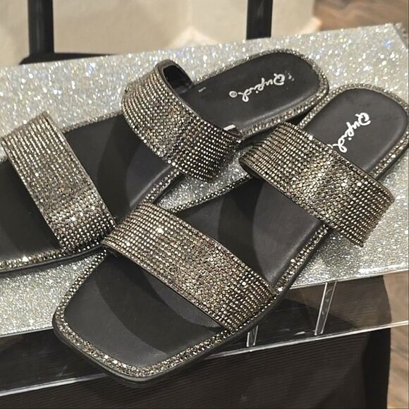 Qupid Double Strap Rhinestone Flat Sandal- Pewter - Picture 5 of 7